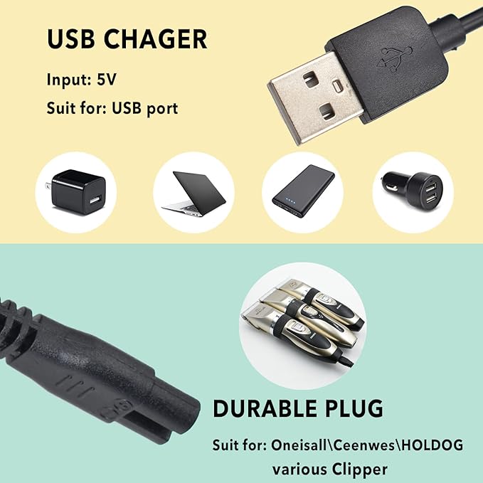 Universal Hair Clipper Charger Cord, Replacement Charger Cable Compatible with Various Dog Clippers,Fit oneisall Dog Clippers,Fit SUPRENT Hair Clippers etc, 5V Power Adapter Charging Line