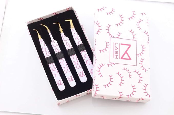 M LASH Tweezers for Eyelash Extensions (Set of 4) - Professional Lash Extension Tweezers - Fiber Tip, Japanese Steel, Diamond Grip Eyelash Extension Tweezer set (F-SET)