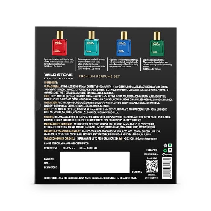 Wild Stone Men’s 4-Pack Eau de Parfum Gift Set (4 × 1 oz / 30 ml) — Edge, Ultra Sensual, Hydra Energy & Chief — Long-Lasting Masculine Fragrances