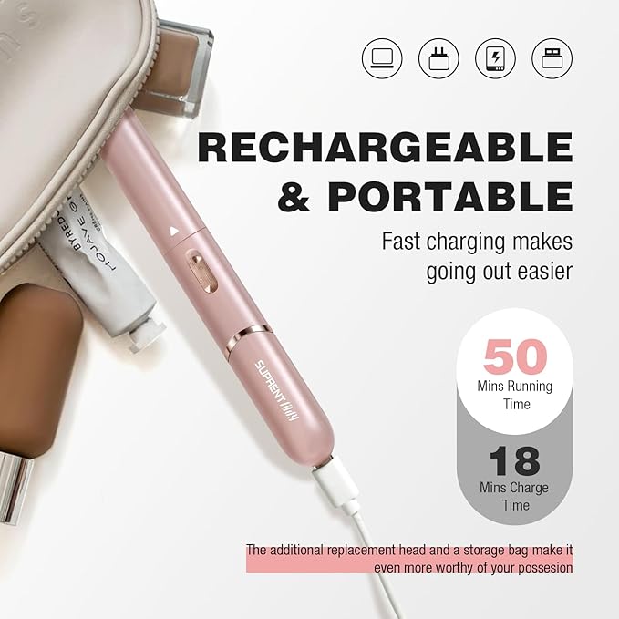 SUPRENT Women's Facial Hair Remover ＆ Eyebrow Trimmer with Pivoting Head - Rechargeable Eyebrow Razor Painless Facial Trimmer on Lips, Cheeks, Ears, Neck and Chin - Easy Cleaning - Pink