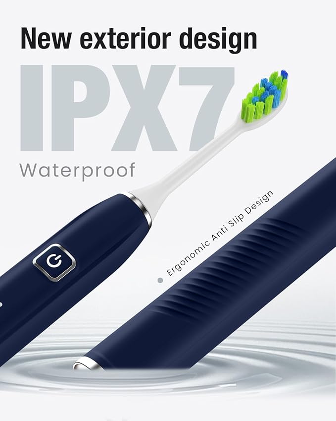7AM2M Ultrasonic Electric Toothbrush with 6 Brush Heads for Adults&Kids, Type C Rechargeable, One Charge for 120 Days, 5 Modes&40000VPM Powered Toothbrush, 2 Minutes Built in Smart Timer (Navy Blue)