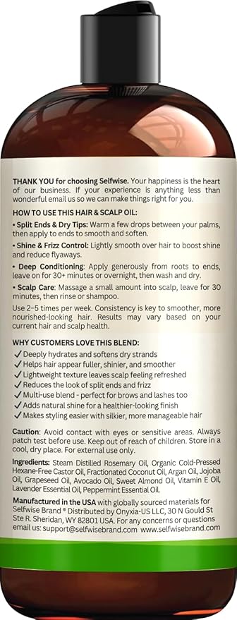 Organic Rosemary Oil For Hair Growth with Castor, Argan, Coconut, Almond, Jojoba, Avocado, Grapeseed, Vitamin E, Lavender & Peppermint for Hair & Scalp Treatment, All Hair Types, Men & Women 16oz