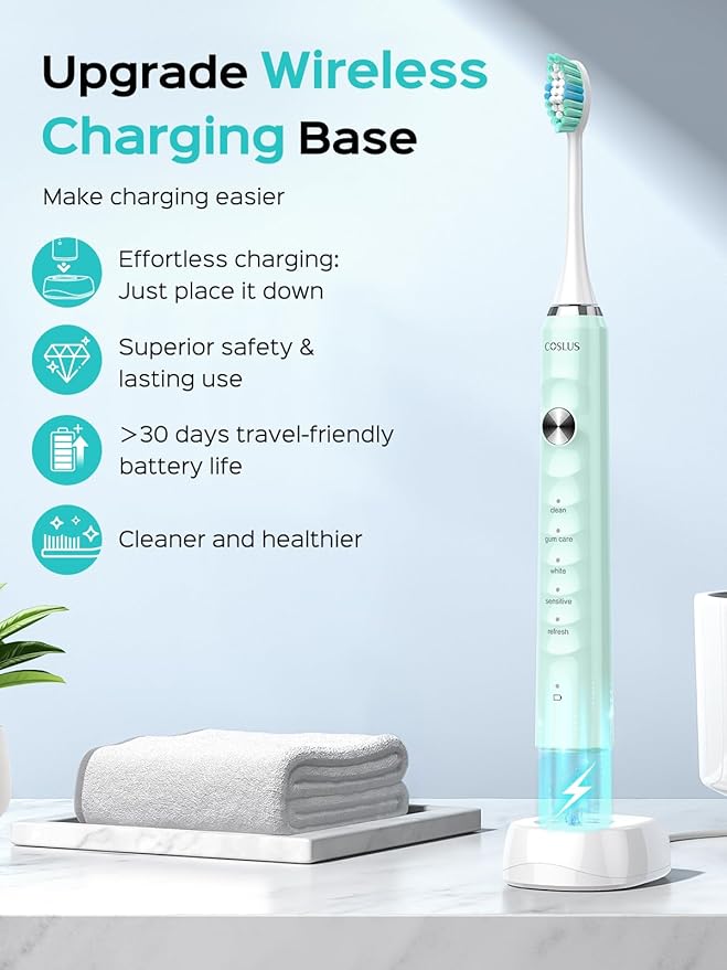 COSLUS Sonic Electric Toothbrush for Kids & Adults C40(DY-108Pro): 47000 VPM for Deep Cleaning with Travel Case - 5 Modes for Sensitive Teeth & Braces, Wireless Charging, 6 Brush Heads, Green (1PC)