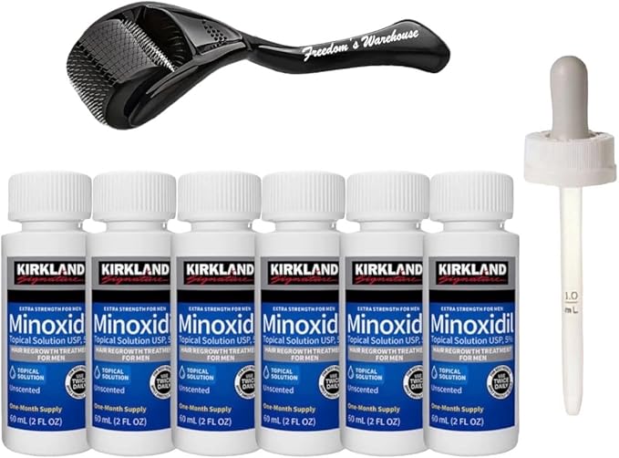 (6 Pack) Kirkland Minoxidil for Men Hair Regrowth Treatment, Liquid Extra Strength 5% Topical Solution, 6 Months Supply - Dropper Applicator and Microneedle Roller Included - Minoxidil Kirkland