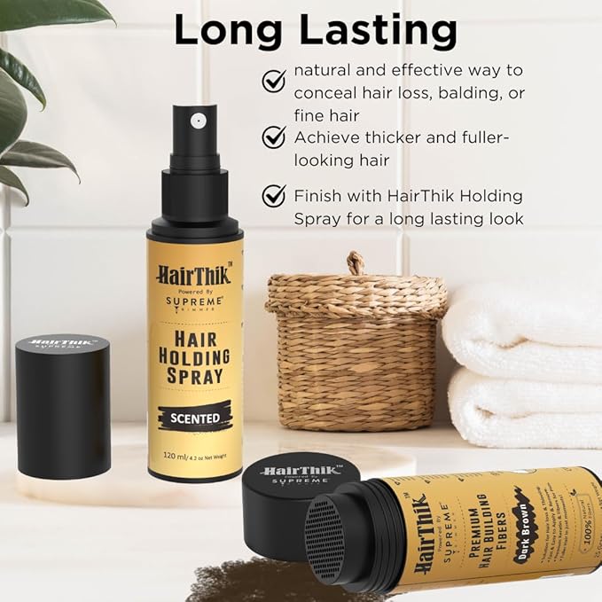 Supreme Trimmer Hair Fibers 9-in-1 Kit | 25G Keratin Fibers, Pump Nozzle, Hairline Cards, S&L Shaker, Brush, Wipes, Mirror, Hold Spray | Conceal/Thicken Thinning Hair in Men & Women | Dark Brown