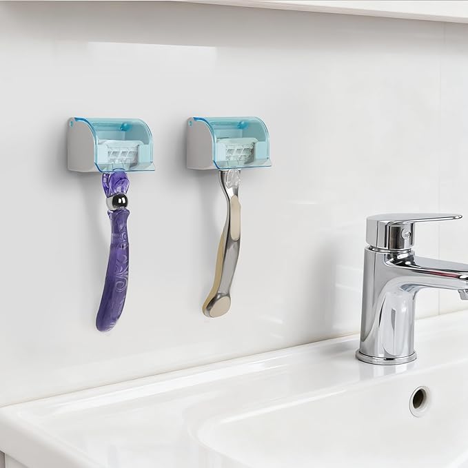 LUEXBOX 2 Pack Razor Holder with Cover for Shower Wall, Self Adhesive Razor Stand Shaver Organizer, Plastic Razor Hanger Hooks Compatible with Fusion 5 Proglide, Mach 3 Classic (Clear Blue)
