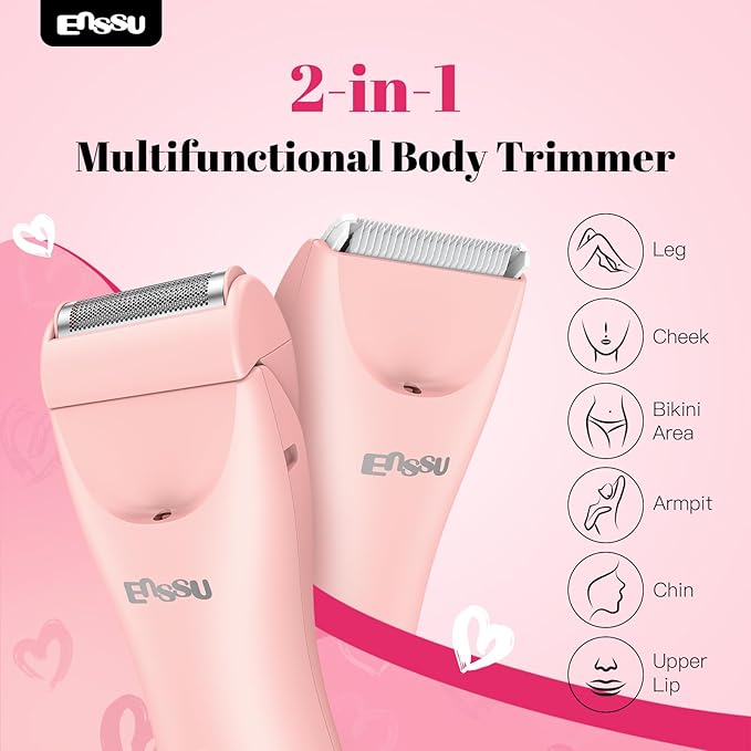 Bikini Trimmer for Women - 2 in 1 Pubic Hair Trimmer IPX7 Waterproof, Razors for Women with LED Light & USB Charge, Painless Electric Shaver with Ceramic Blade for Bikini Legs Arm Underarm
