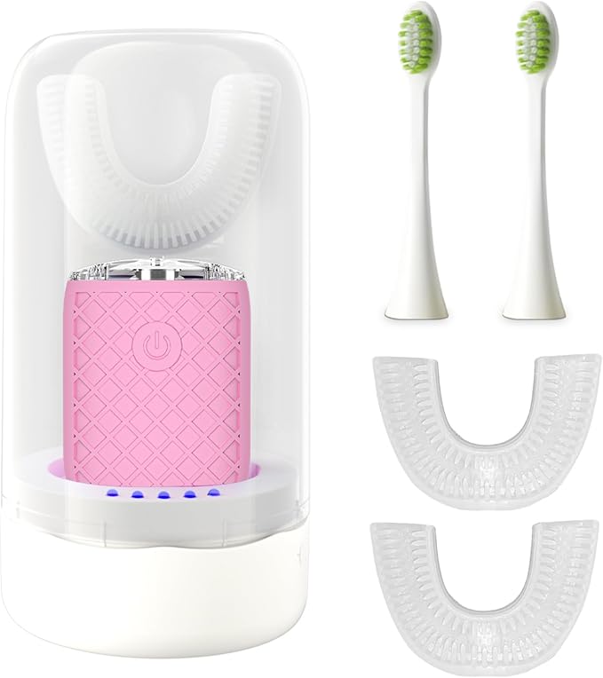 Adult Sonic Automatic Electric Toothbrush, 360° Oral Cleaning Stain Whitening, IPX7 Waterproof Rechargeable, u-Shape Brush Head*3+Straight Handle Brush Head*2 (Pink-Cup)