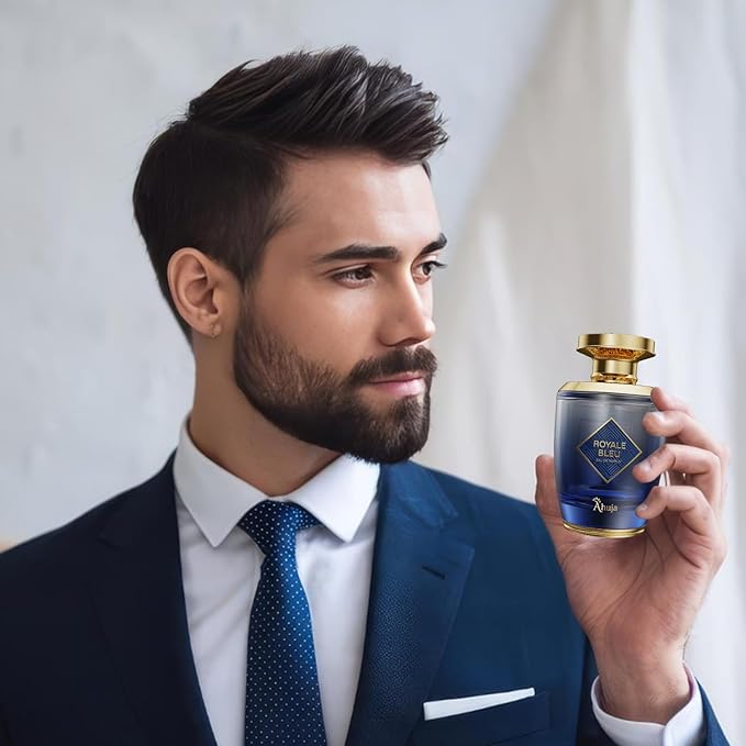 AHUJA Royal Bleu Eau De Parfum for Men 3.4 fl oz – Long Lasting Fresh Citrus, Grapefruit & Ginger Scent w/Deep Woody Notes – Elegant Daily Wear Perfume & Gift