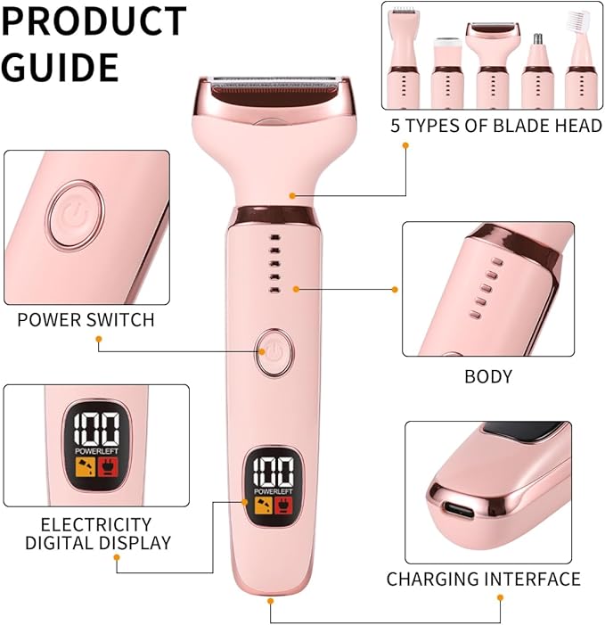 Electric Razors for Women, 5 in 1 Painless Ladies Wet & Dry Body Razors and Facial Hair Remover, Rechargeable Facial and Body Hair Remover for Face Nose Eyebrow Arms Armpit Legs Pubic Area (Pink)