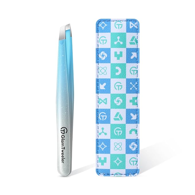 Expert Slant Tip Tweezers with Leather Case, GlamTweeler Sharp & Precision Stainless Steel Tweezer for Eyebrows, Facial Hair and Fine Hairs Removal (Sparkle Blue & Silver)