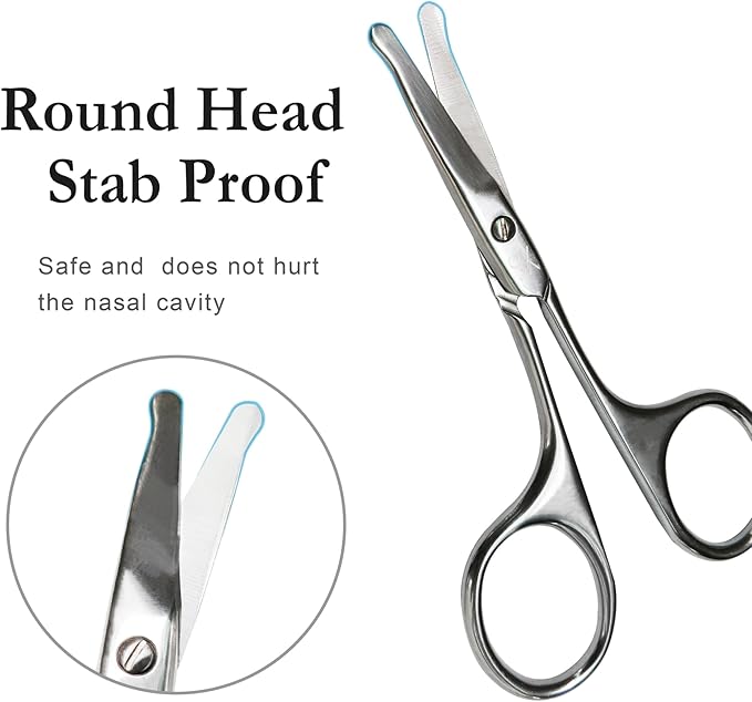Precision Trim Silver Nose and Facial Hair Scissors with Straight Safety Blades, Rounded Tips for Gentle and Precise Grooming of Nose, Ear, and Eyebrow Hair SUNDEN SD1251