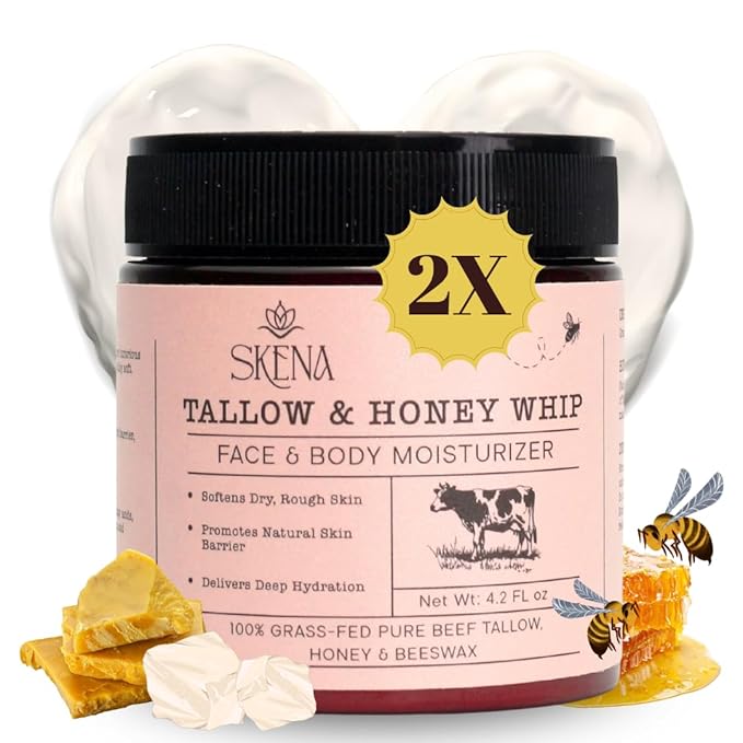 Grass-Fed Beef Tallow Moisturizer with Honey & Beeswax – Whipped Tallow Face Cream for Deep Hydration – Natural Face & Body Balm for Dry, Sensitive Skin – 4.2 oz for Men & Women