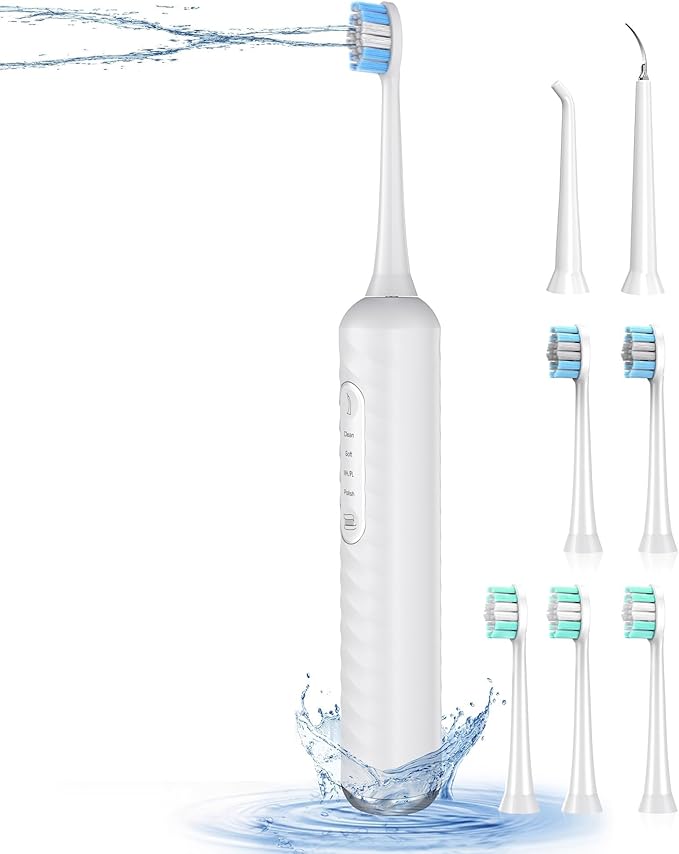 Electric Toothbrush with Water flosser, 3 in 1 Teeth Cleaning Kit with 7 Modes, Electric Toothbrush and flosser Combofor Adults, Water Flosser Portable for Travel and Home (White)