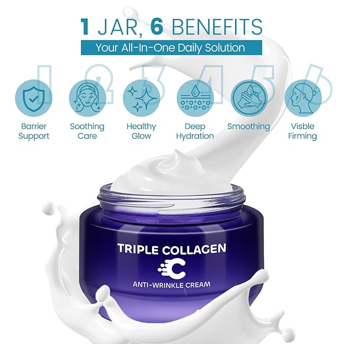 Triple Collagen Anti Wrinkle Face Cream for Women, Anti Aging Face Moisturizer to Reduce Wrinkles, Hydrating & Firming Moisturizing with Hyaluronic Acid, Barrier Repair, Deep Nourishment, 50g/e1.764oz