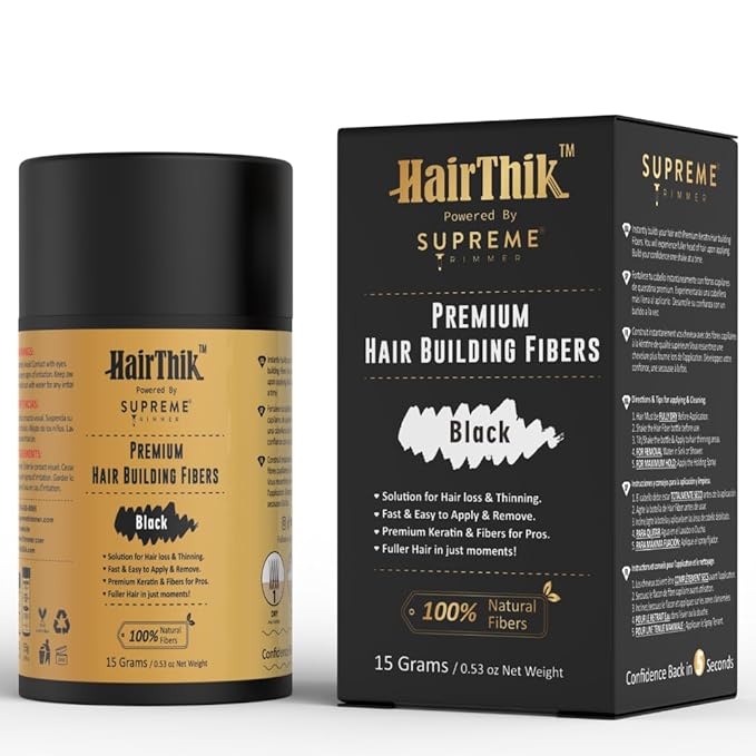 Supreme Trimmer Hair Building Fibers - Instantly Fill in Fine or Thinning Hair for Thicker, Natural, Fuller-Looking Hair for Men & Women – Hair Thinning & Balding Solution | Black, 15 Grams