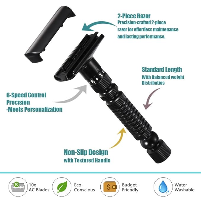 6-speed adjustable dual-blade safety razor with 10 platinum-coated stainless steel blades. Includes optional stand. Comes with complimentary travel pouch. (Silver + base + holster)