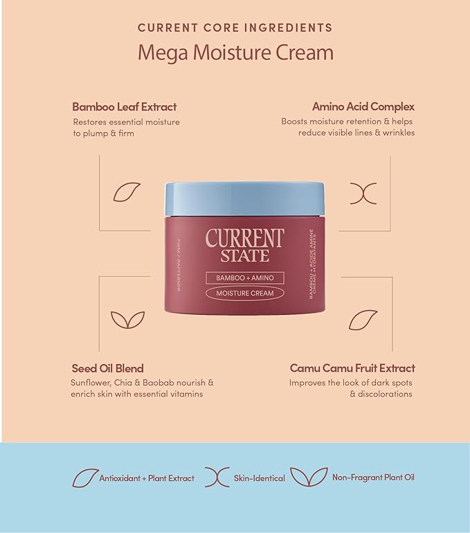 CURRENT STATE Bamboo + Amino Mega Moisturizer Face Cream - Deeply Nourishing Barrier Cream for Dry, Flaky Skin- Ultimate Replenishing Face Moisturizer with Superior Plant Oils, 1.7 oz.