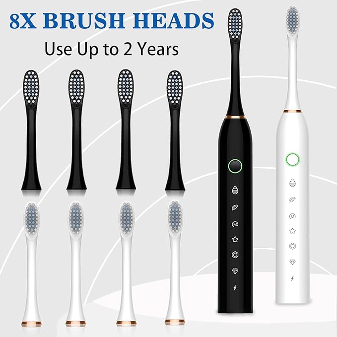 Electric Toothbrush with 8 Brush Heads, 42000vpm 6 Modes IPX7 Waterproof, Soft Electric Toothbrush for Adults - 2 Pack, Black+White