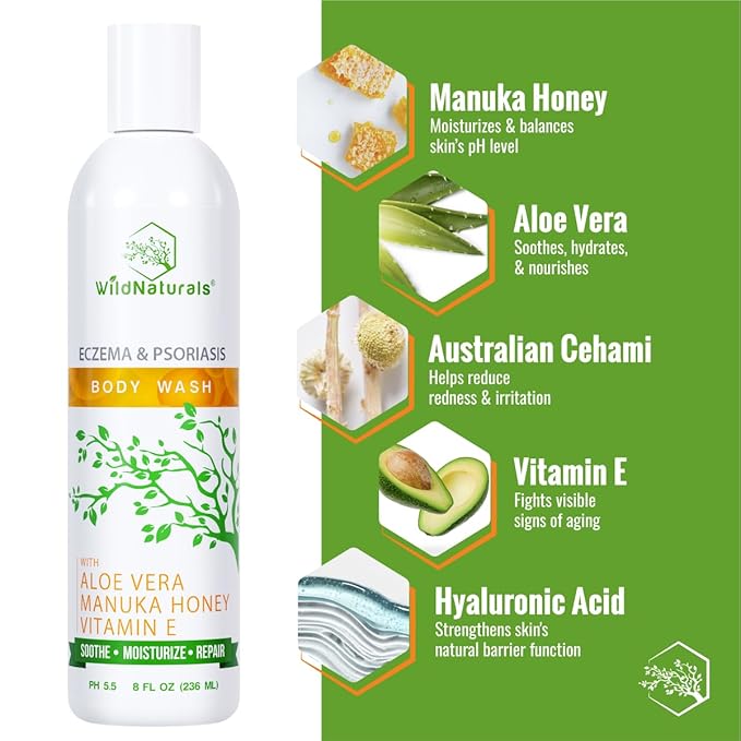 Wild Naturals Moisturizing Eczema Body Wash – Gentle Psoriasis Body Wash for Itchy, Dry Skin Relief – Eczema Soap for Redness and Flareups – Hydrating Cleanser for Women and Men