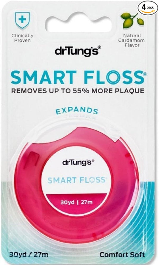 DrTung's Smart Floss - Natural Dental Floss, PTFE & PFAS Free, Gentle on Gums, Expands & Stretches, BPA Free - Cardamom Flavor (Pack of 4)