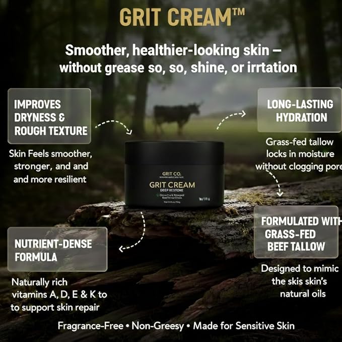 GRIT CREAM Beef Tallow for Men's Face & Skin, Anti Aging Wrinkle Repair Moisturizer, Unscented Whipped Balm, Grass-Fed | 3.4oz