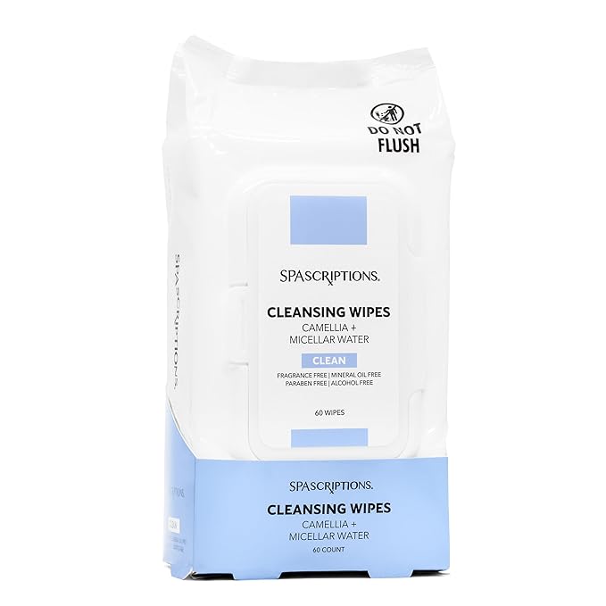 SpaScriptions Micellar Water Cleansing Facial Wipes - Fragrance Free & Gentle Makeup Remover Wipes With Camellia For Anti Aging & Hydrated Skin, Daily Use Face Wipes For Sensitive Skin, 1-Pack (60ct)