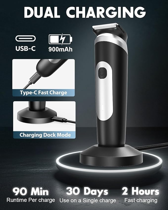 Electric Body Hair Trimmer for Men - Pubic Shaver with Ceramic Blades (No Nicks) - Mens Wireless Ball Shaver, Waterproof Wet/Dry Electric Razor, USB Recharge Dock