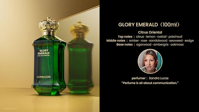 Lonkoom Glory Emerald Perfume for Women Men, 3.4 Fl Oz/100ml Eau De Parfum Spray Unisex Long-Lasting Fragrance, Fruity Notes of Citrus Lemon Cattail Patchouli Amber Rose Sandalwood Seaweed Sedge