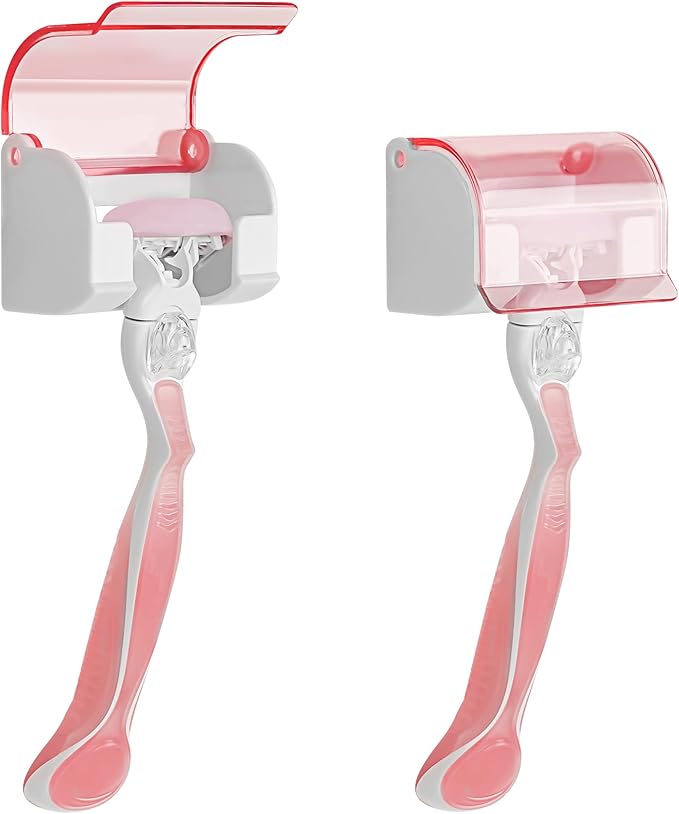 LUEXBOX 2 Pack Razor Holder with Cover for Shower Wall, Self Adhesive Razor Stand Shaver Organizer, Plastic Razor Hanger Hooks Compatible with Fusion 5 Proglide, Mach 3 Classic (Clear Pink)