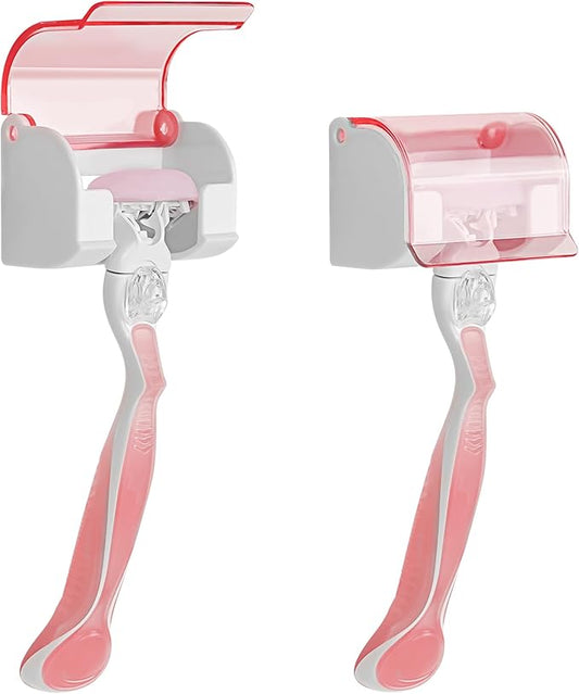 LUEXBOX 2 Pack Razor Holder with Cover for Shower Wall, Self Adhesive Razor Stand Shaver Organizer, Plastic Razor Hanger Hooks Compatible with Fusion 5 Proglide, Mach 3 Classic (Clear Pink)
