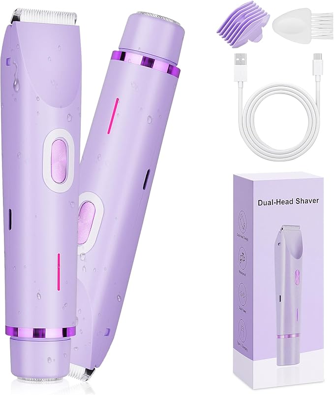 Ladies Electric Razor, 2 in 1 Dual Head Shaver Women, Bikini Trimmer for Women Personal Body Face Leg Arm Hair USB Charge Waterproof Wet and Dry (Purple)