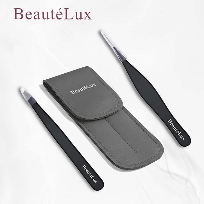 Precision Tweezer Set, Pointed tip & Slant Tip Tweezer for women & men, Stainless Steel eyebrow Tweezers, Stocking Stuffer, tweezer for Chin hair, Ingrown Hair Removal, Black tweezers with case