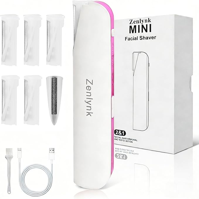 Vibration-Assisted Manual Dermaplane Razor for Women Face, Zenlynk Facial Exfoliator & Peach Fuzz Trimmer with 3 Vibration Modes, LED Light, 5 Replacement Blades & Exfoliating Scrubber, White