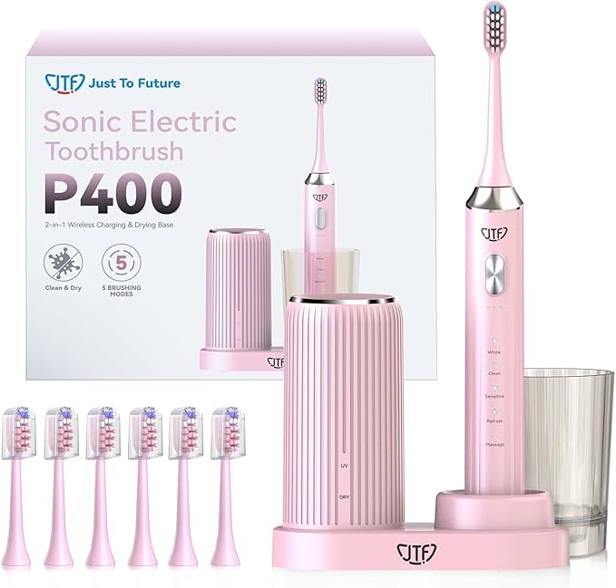 JTF Sonic Electric Toothbrush with UV Sanitizing & Drying: 5 Modes for Effective Yet Gentle Cleaning – with 6 Brush Heads, Rinse Cup, Wireless Charging Base, Rechargeable for Daily Care, Home & Travel