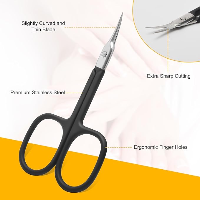 CGBE Cuticle Scissors Extra Fine Curved Blade, Super Slim Manicure Scissors for Cuticles Professional Small Scissors with Precise Pointed Tip Grooming Blades, Eyebrow, Eyelash, and Dry Skin - Black