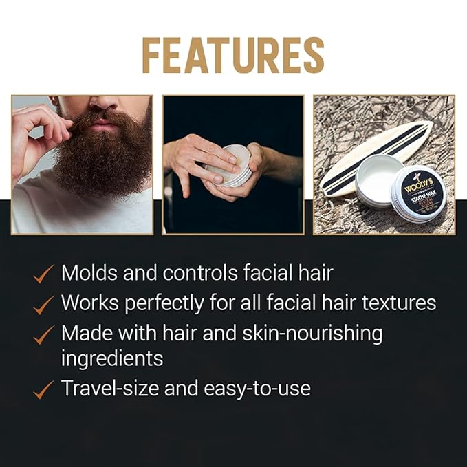 Woody's Mustache Wax - Strong Hold Stache Beard Styling Wax for Men, Tames Unruly Facial Hair, Neutral Finish, Non-Greasy, Long-Lasting Control, 0.5 oz