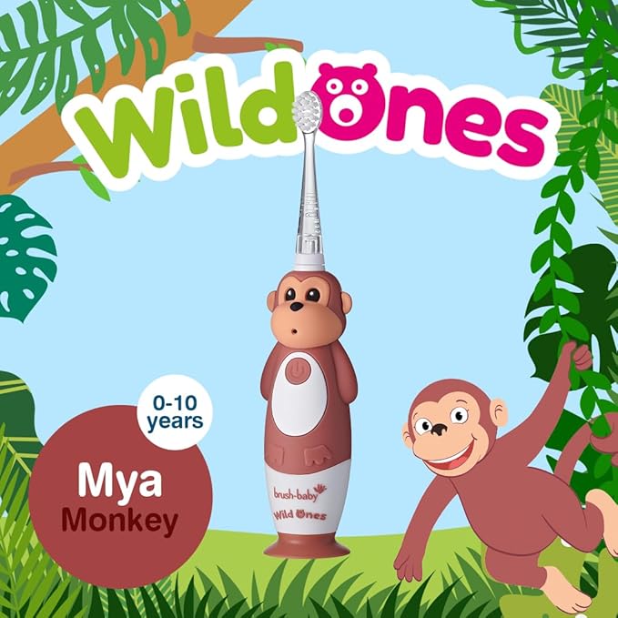 BrushBaby - WildOnes - Kids Rechargeable Electric Toothbrush, Ages 0-10 - Monkey Design with Flashing Lights - DeepClean Bristles for Superior Cleaning - 2 Replacement Brush Heads, 1 USB Cable
