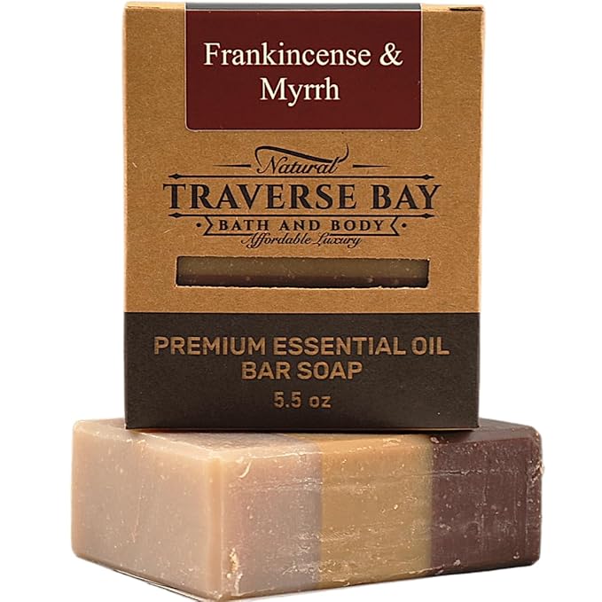 Traverse Bay Bath and Body Natural Cold Process Soap Earthy & Spicy 4-Bar Variety Pack, Citrus Ginger, Frankincense & Myrrh, Patchouli Tangerine, Patchouli Hemp, 5.5 oz Each, 22+ oz Total