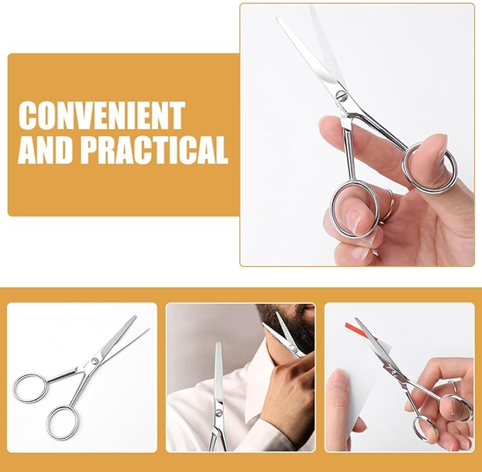 KALLORY Stainless Steel Beard Scissors with Teeth, Non-Slip Grooming Scissors for Men, Silver Small Mustache Trimming Tool for Precise Facial Hair Care
