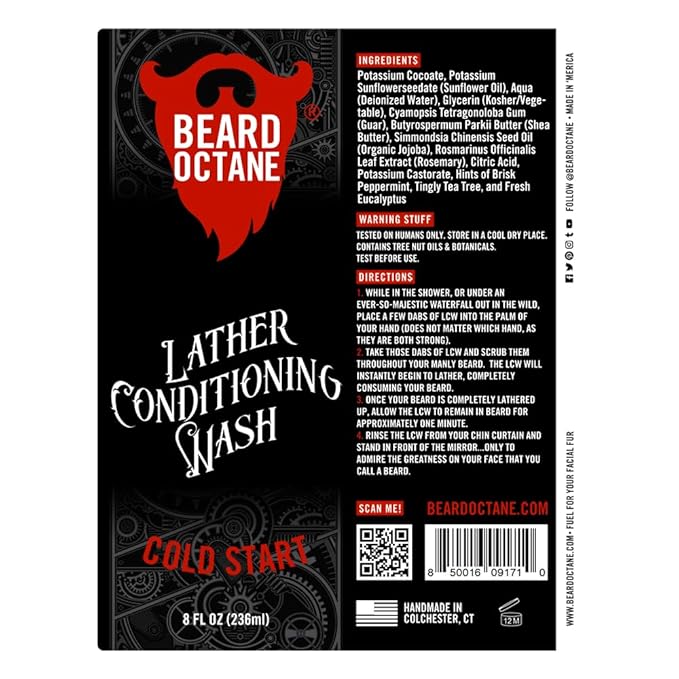 Beard Octane: Cold Start Beard Wash - 8 oz Shampoo - Cleans & Moisturizes with Shea Butter & Jojoba - Healthy, Softer Beards - Made in USA