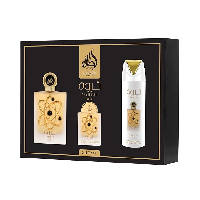 Lattafa Pride Tharwah Gold For Unisex 3 Piece Gift Set (3.4 Fl Oz EDP + 0.65 Fl Oz EDP + 6.67 Fl Oz Deo)