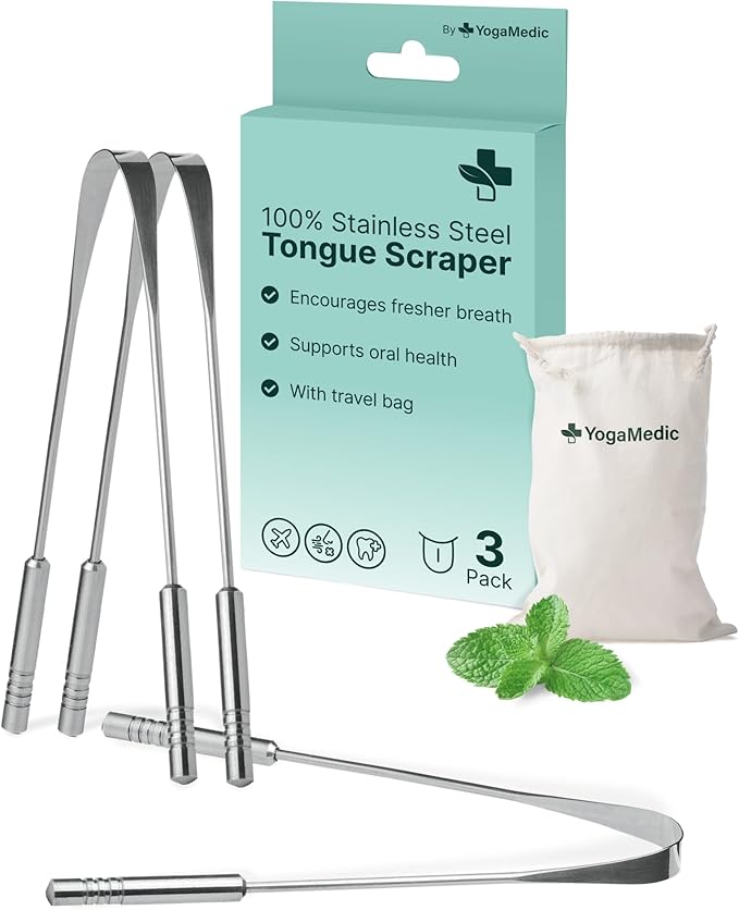 YogaMedic Tongue Scraper (3 Pack) - 100% Stainless Steel Tongue Cleaner for Adults & Kids - Gentle Anti-Gag U-Shape Design for Fresh Breath - Travel-Ready Oral Care Set with Case - Non-Porous Metal