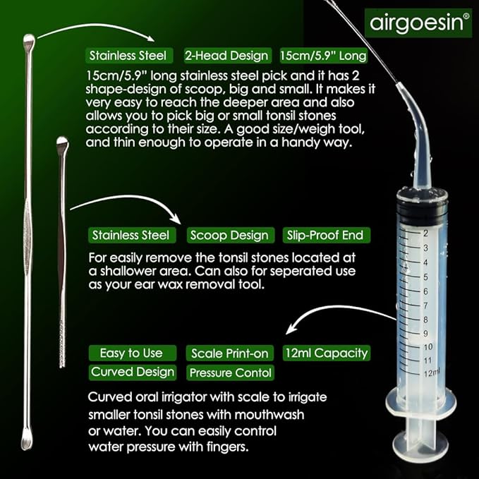 Airgoesin™ Upgraded Tonsil Stone Remover Tool, Blue & Yellow, 5 Tips, Tonsillolith Pick Case + 1 Irrigator Fresh Breath Oral Rinse