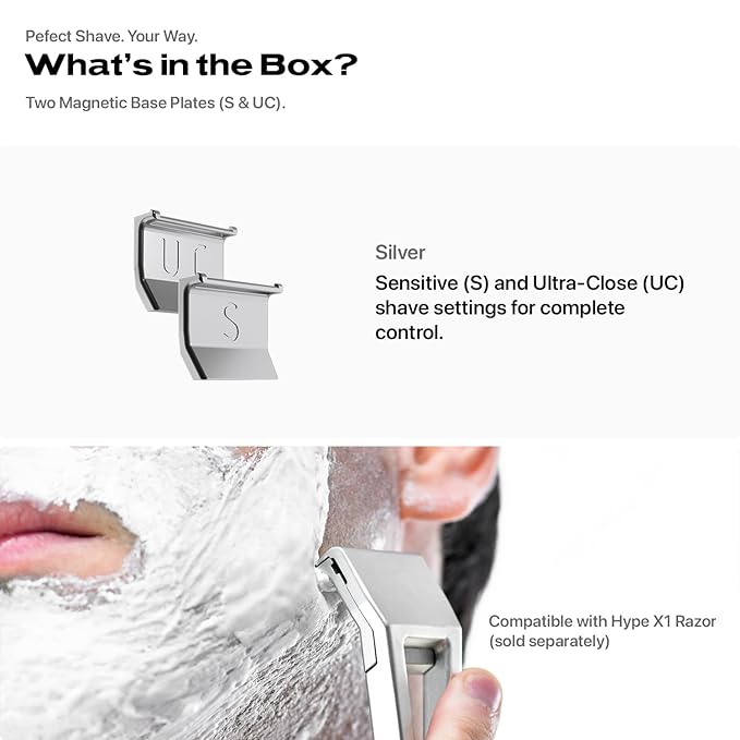 HYPE X1 Safety Razor Shave Settings - Sensitive (S) & Ultra-Close (UC) Settings, Durable Aerospace-Grade Aluminum, Magnetic snap-on design, Compatible with HYPE X1 Safety Razor for Men & Women-Silver