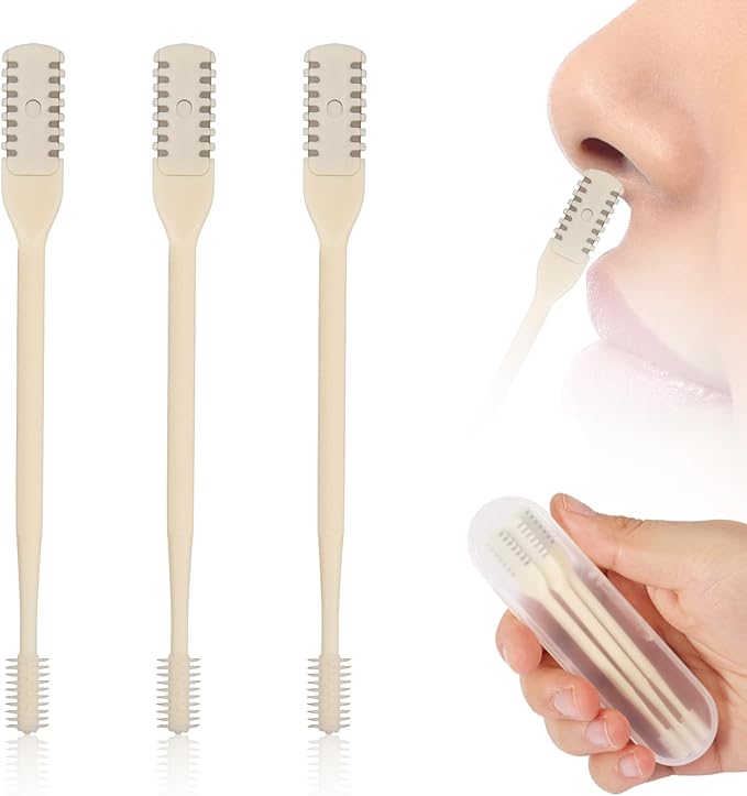 3pcs 2 in 1 Nose Hair Trimmer, 360° Rotating Nasal Hair Cutter Clipper Double Sided Nose Hair Cleaner Portable Manual Nostril Hair Removal Tool with Ear Picker for Men Women (Cream)