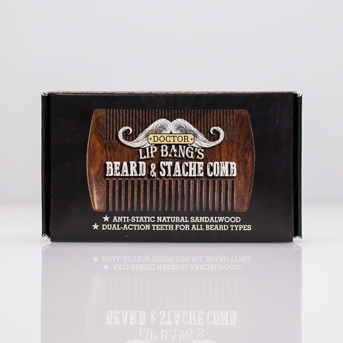 Doctor Lip Bang’s Beard and Stache Comb | Vegan | Cruelty-Free | 100% All-Natural Sandalwood | Anti-Static | Dual-Action Teeth for All Beard Types | Handmade in the United States