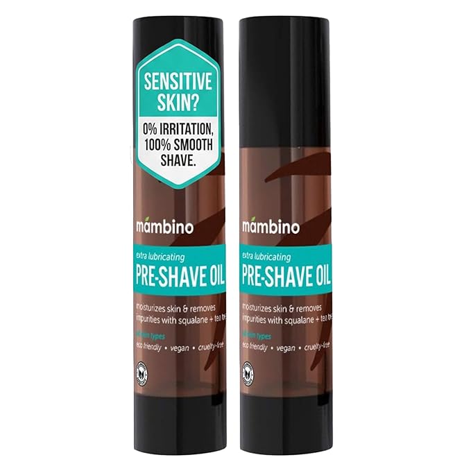 Mambino Organics Tea Tree Pre-Shave Oil 2-Pack, Natural Shaving Oil with Tea Tree & Jojoba Oil, Moisturizing Shave Oil for Smooth Shaving, Vegan Grooming Essential for Sensitive Skin, 2 oz Each