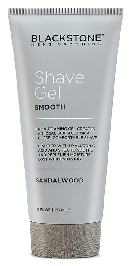 Blackstone Men's Grooming Smooth Shave Gel - Non Foaming for a Smooth Comfortable Shave - Hyaluronic Acid, Shea, Peppermint & Tea Tree - Cool, Soothe & Replenish Moisture - Sandalwood Scent (6 oz)