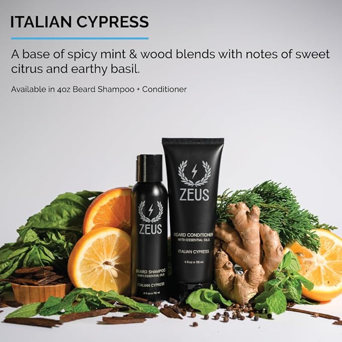 ZEUS Italian Cypress Beard Conditioner Wash with Essential Oils for Men, Deep Cleansing Hydration for Softer Facial Hair with Avocado, Aloe Vera & Jojoba Oil (Made in USA) 4 oz.